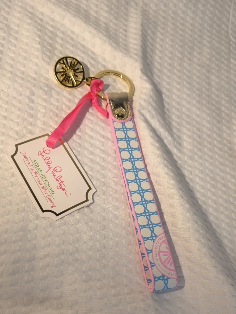 Lilly Pulitzer Pink and Light Blue Patterned Wristlet Keychain With Charm